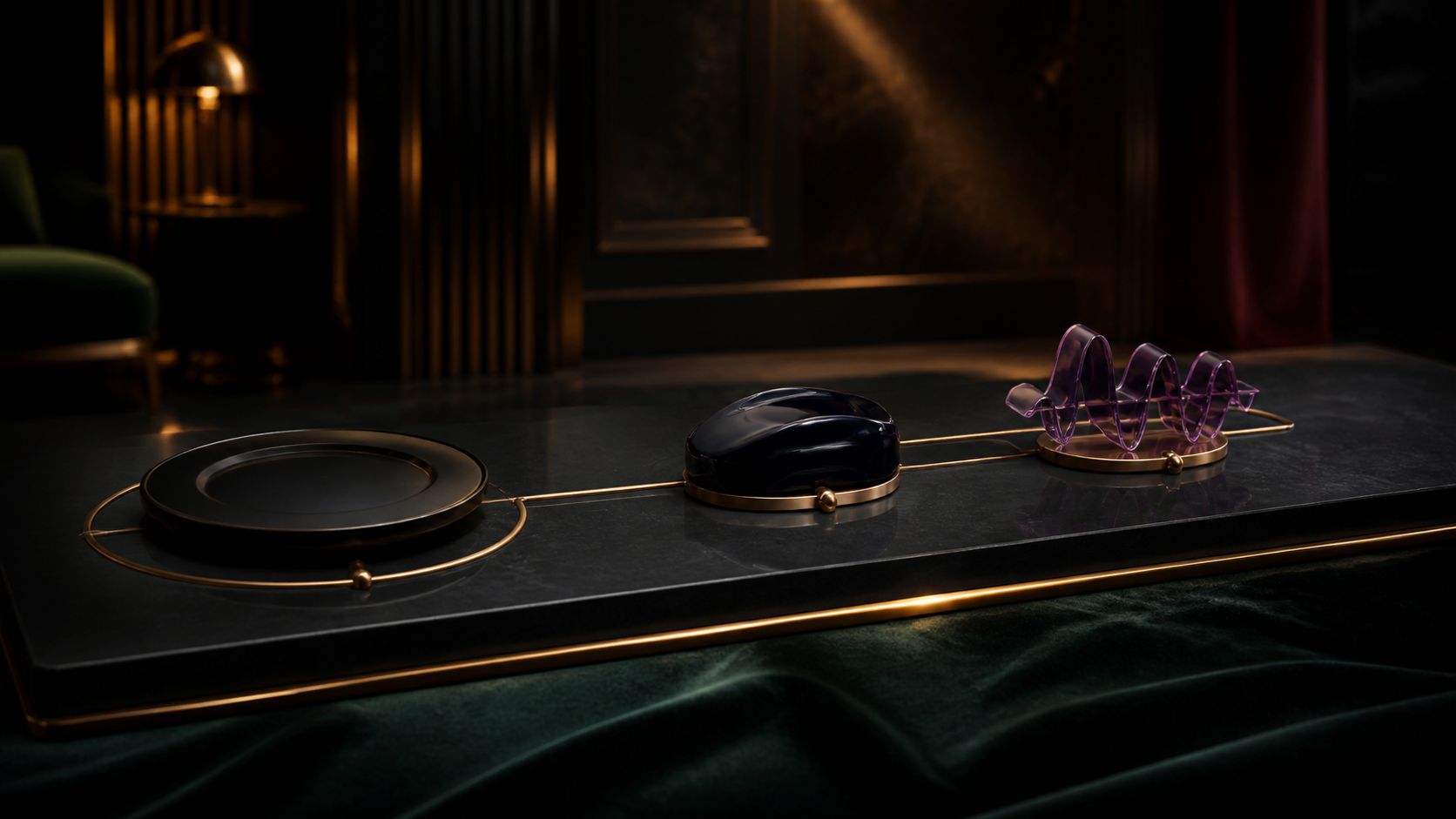 A dining disc, abstract midnight transport token, and purple music wave connected across an obsidian plinth