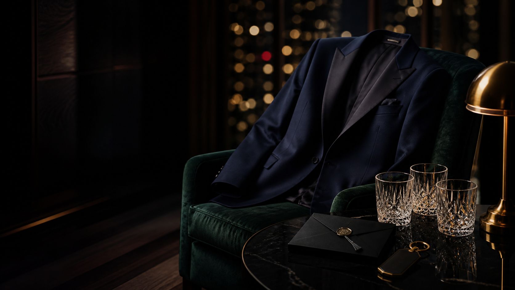 A midnight dinner jacket, crystal glasses, room token, and sealed invitation in a private salon