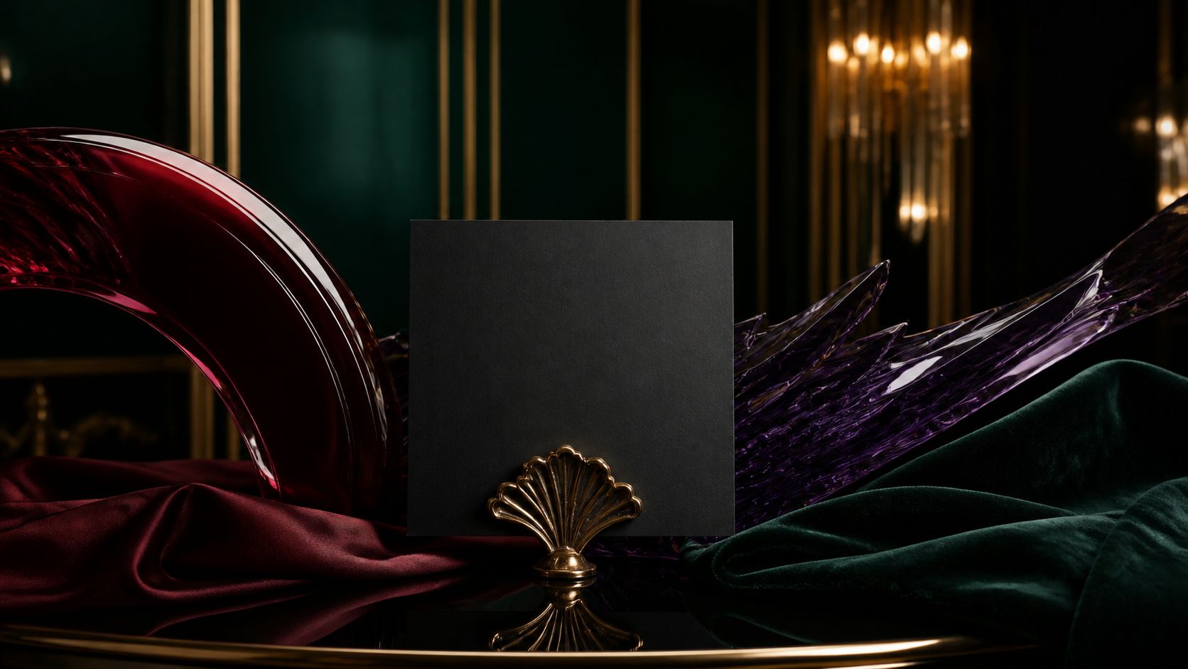 Burgundy glass, a royal-purple crystal wave, and emerald velvet converging on a blank black invitation