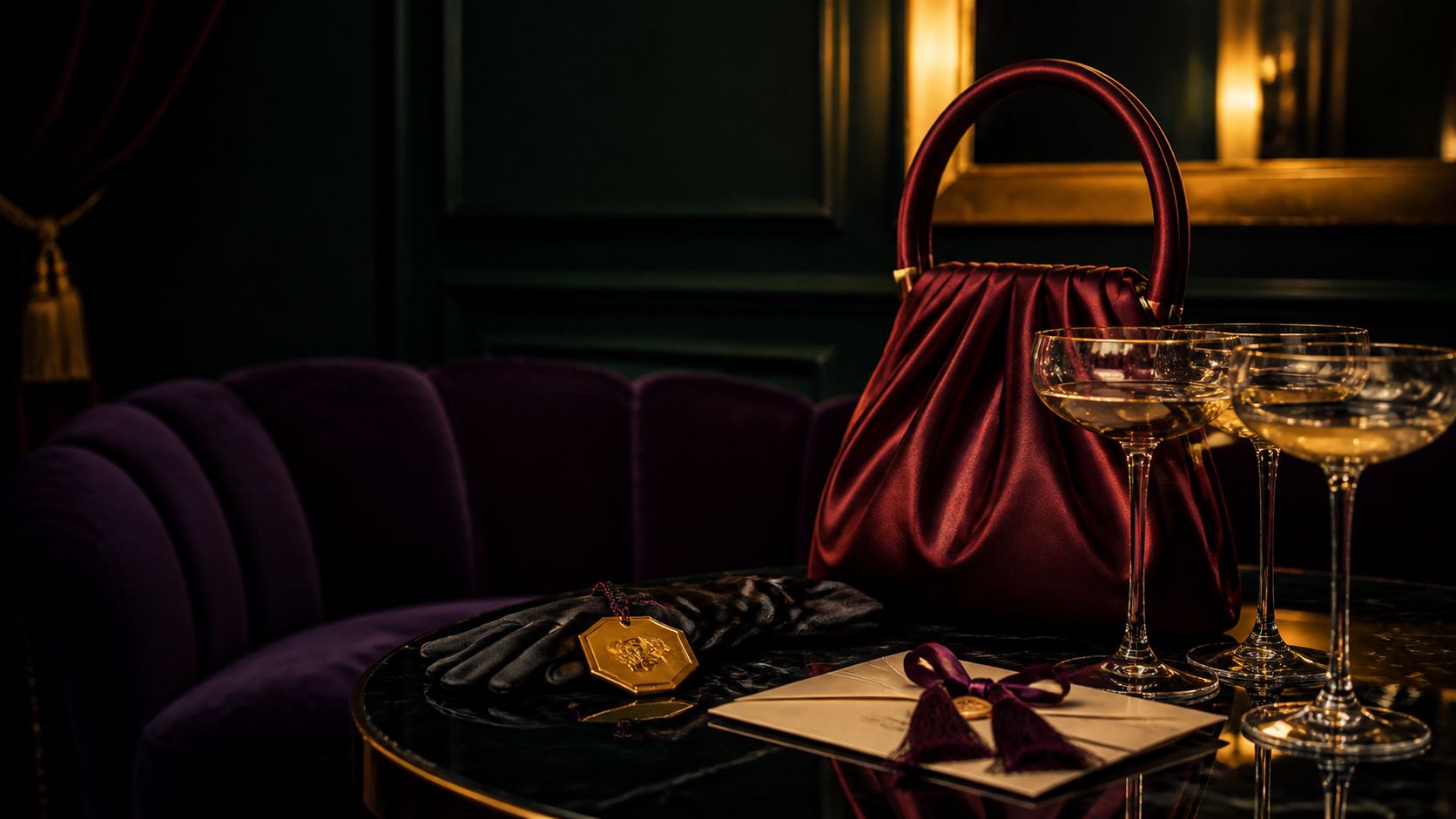 A burgundy evening bag, black gloves, coupe glasses, and private invitation in an emerald salon
