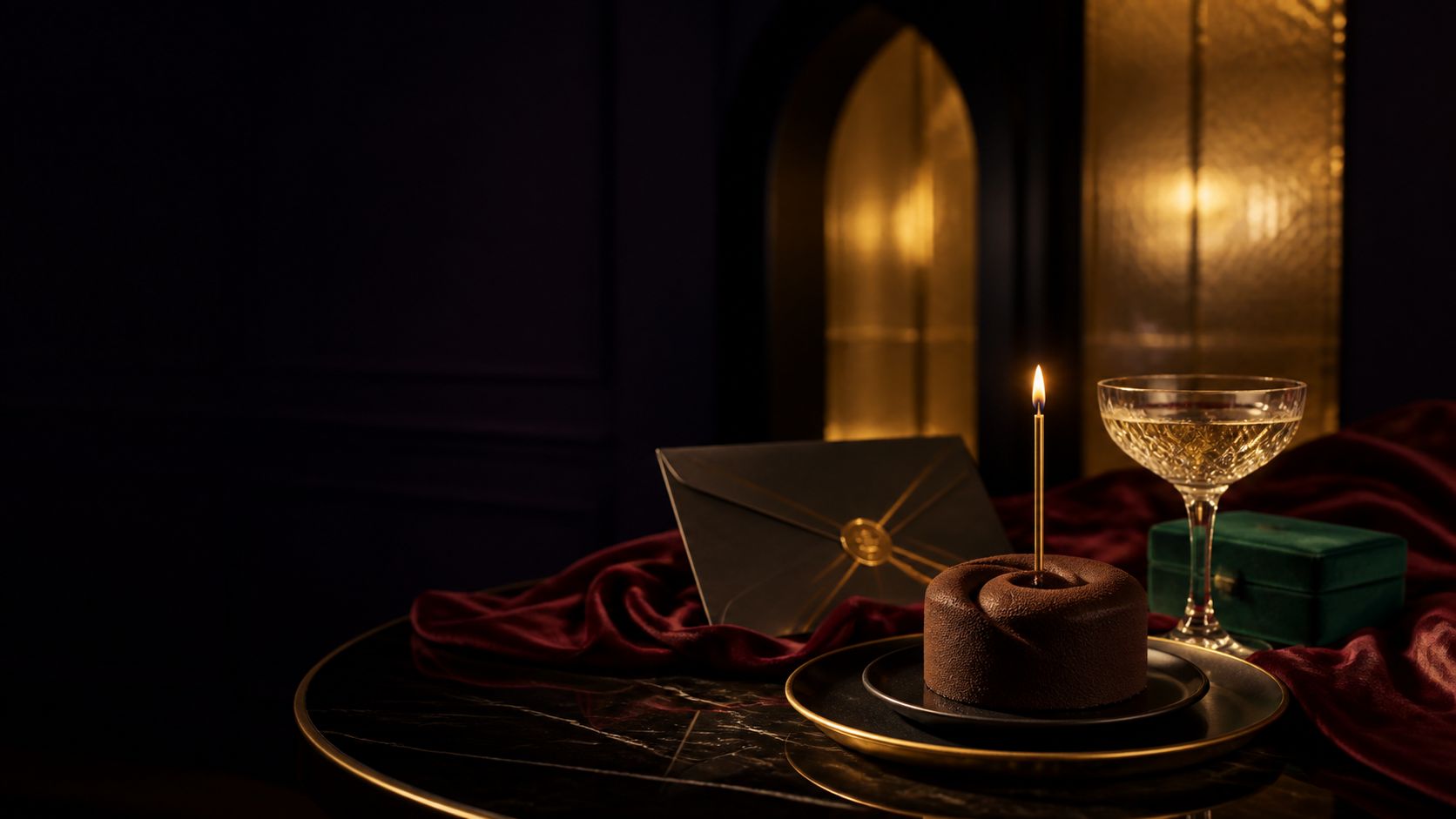 A candlelit dark chocolate dessert beside a sealed invitation and emerald gift box
