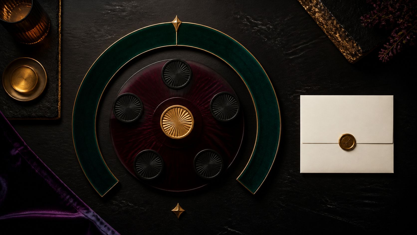 One raised gold guest token surrounded by five black tokens, an emerald velvet arc, burgundy glass, and a blank sealed card