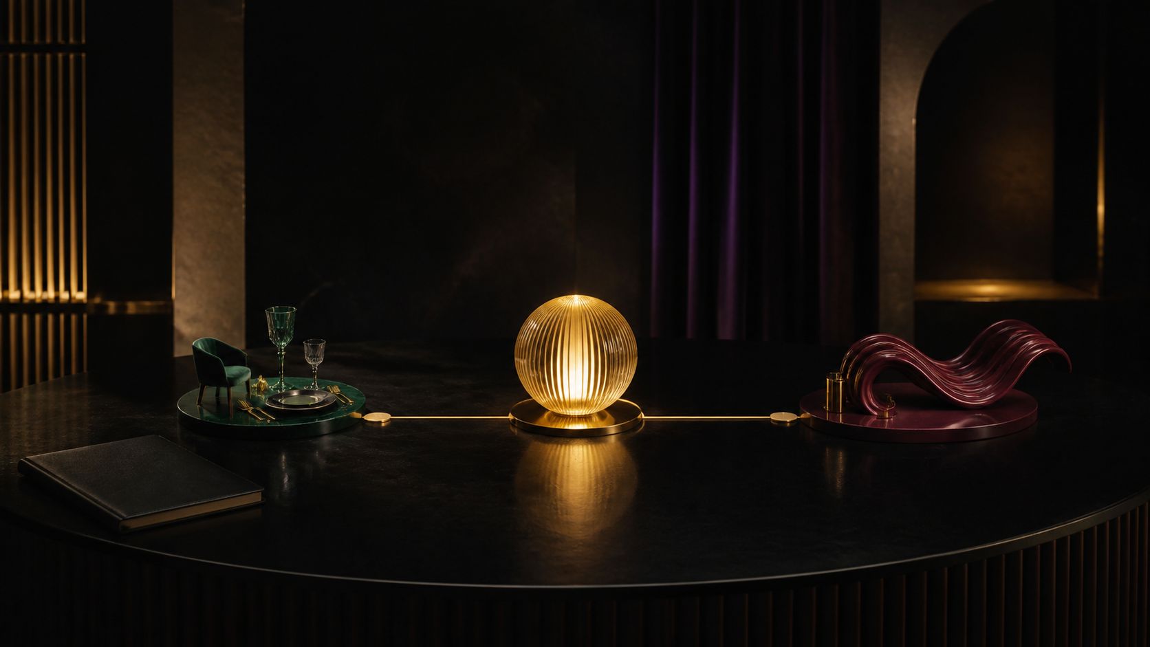 A dining disc, glowing gold reveal, and burgundy music wave connected across an obsidian table with deliberate open space