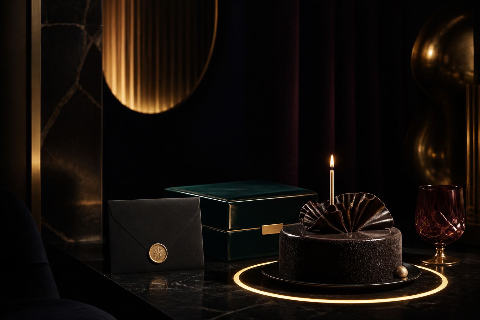 A dark birthday dessert with one candle, sealed black invitation, emerald lacquer box, and burgundy glass inside a gold ring of light