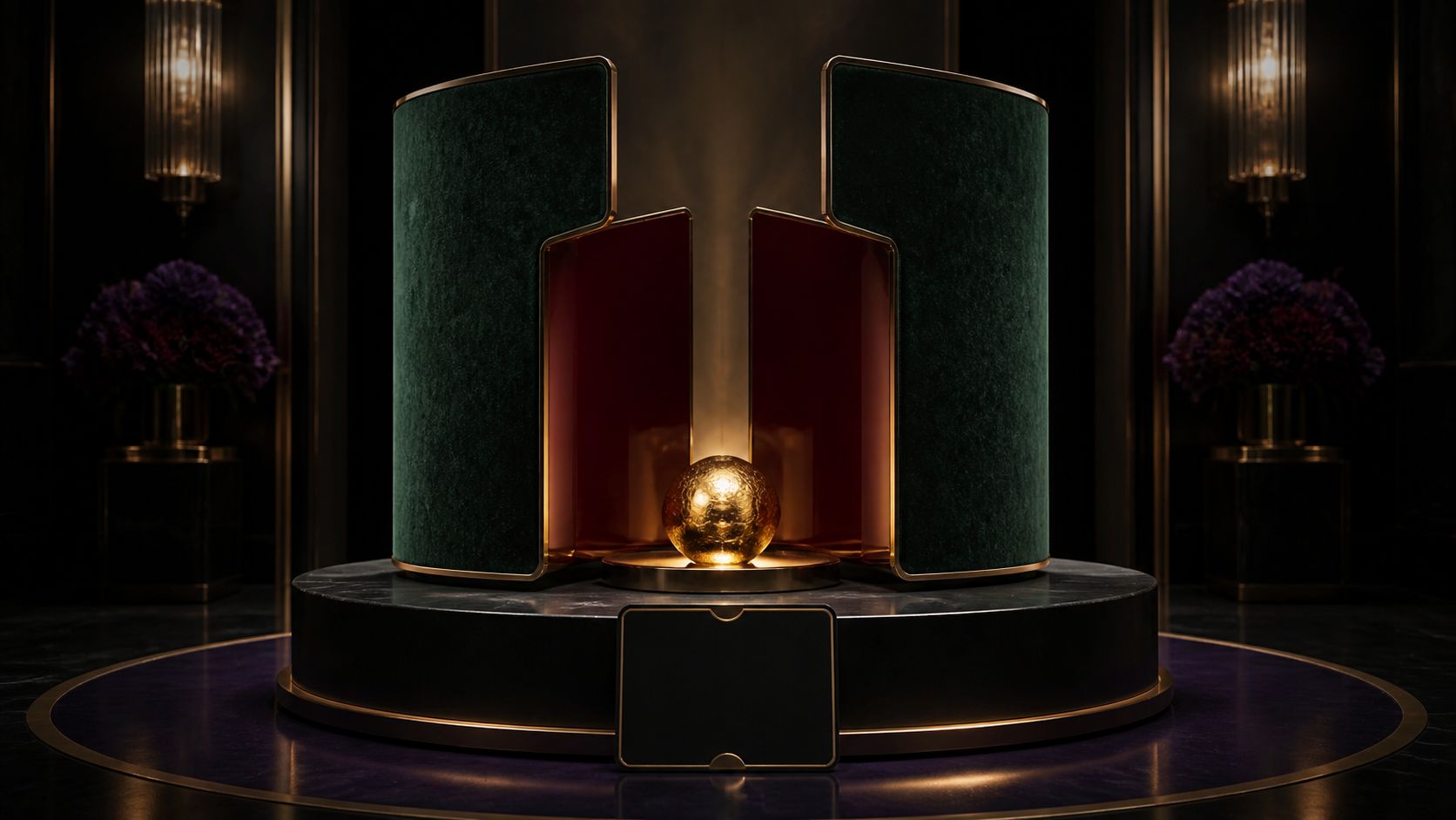 Emerald and burgundy architectural screens opening around a glowing gold orb and blank black gift token