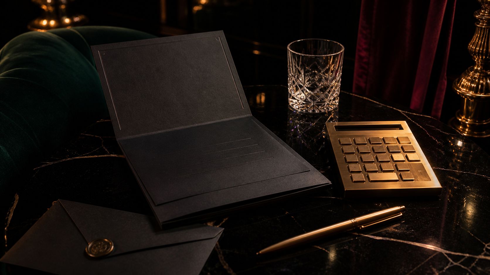A blank black terms folio, brass calculator, crystal glass, sealed envelope, and gold pen on obsidian