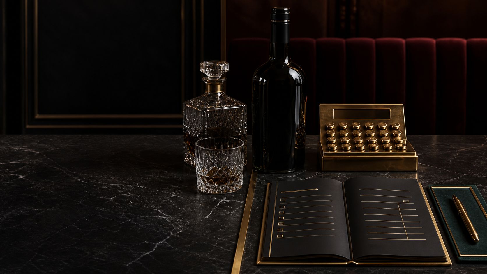 An unbranded bottle, crystal glassware, blank cost ledger, and brass calculator on black stone