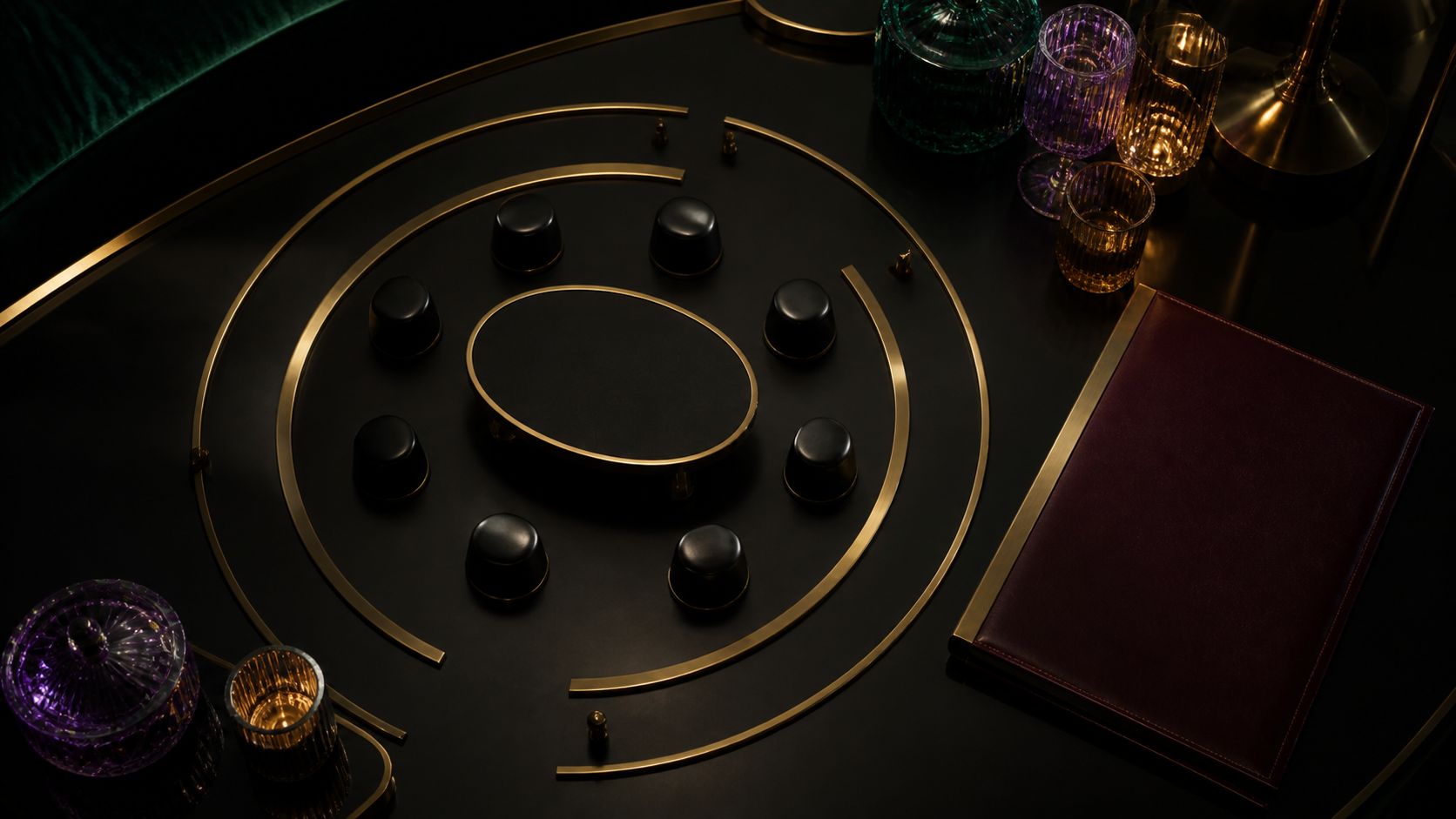 Eight black guest tokens around a fictional oval table model with movable gold placement rings