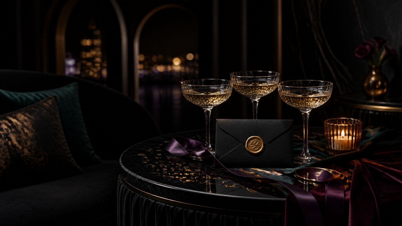 Three coupe glasses and a sealed black invitation in an imagined private salon