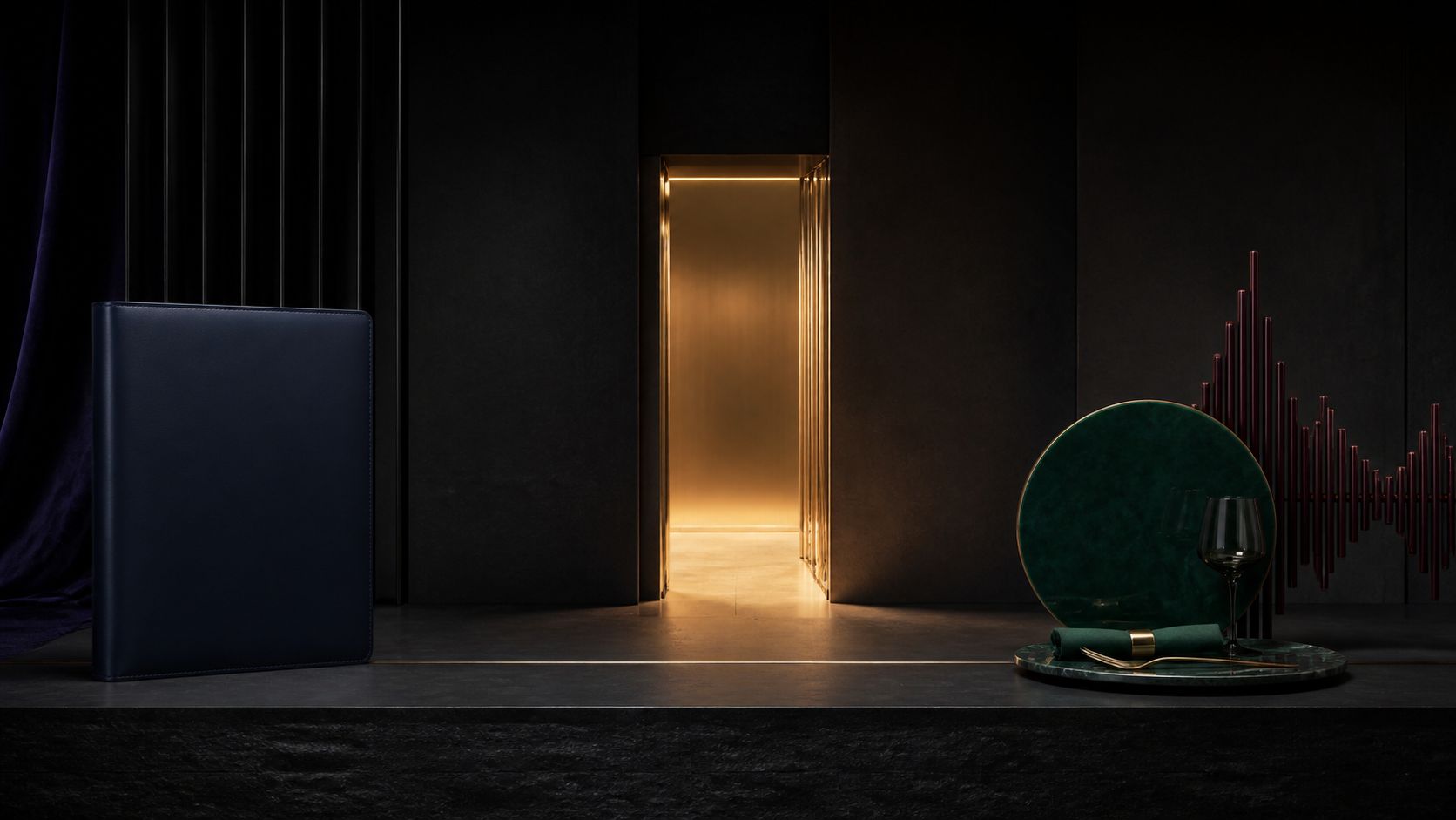 A navy work folio, glowing gold doorway, and emerald dining disc with a burgundy sound wave across a black plinth