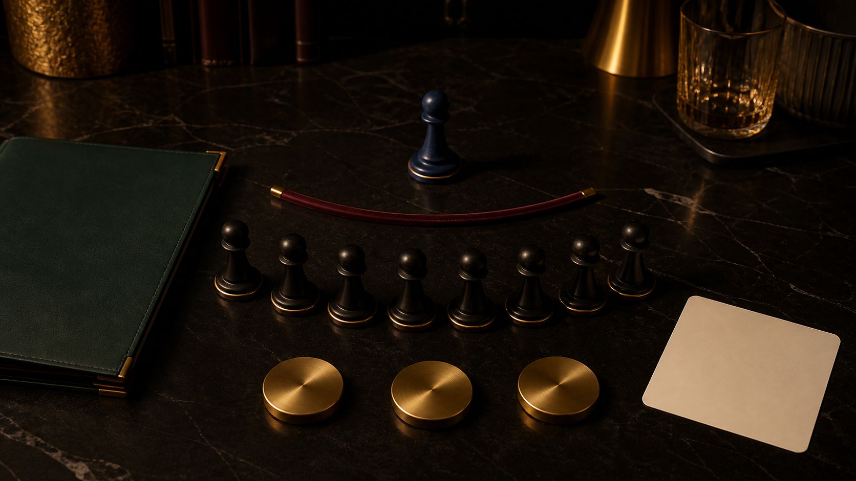 One elevated navy host token facing eight black guest tokens beside three gold control discs, an emerald folio, and a blank card