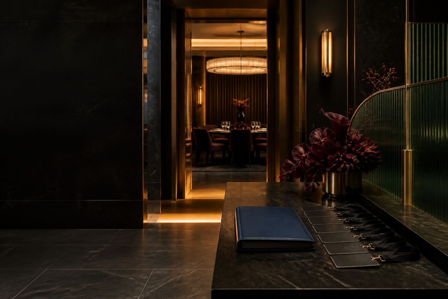 A fictional midnight hospitality salon with blank guest credentials, a navy folio, emerald glass, and a gold doorway toward a private table
