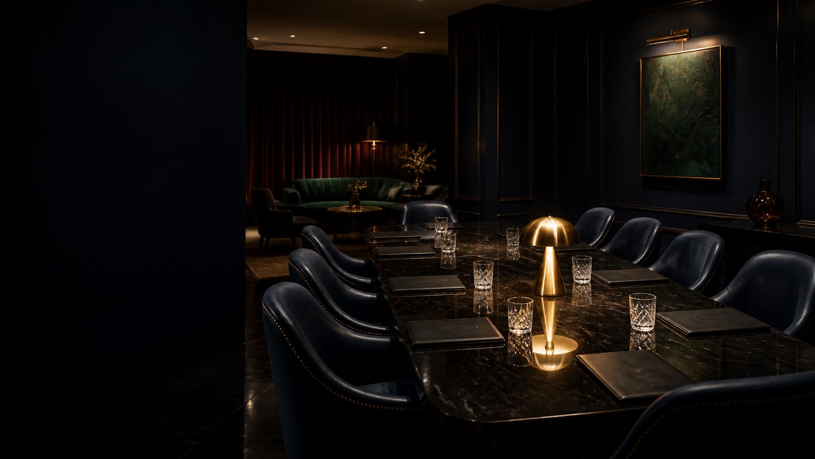 An imagined midnight executive salon with a black table, navy chairs, and gold lighting