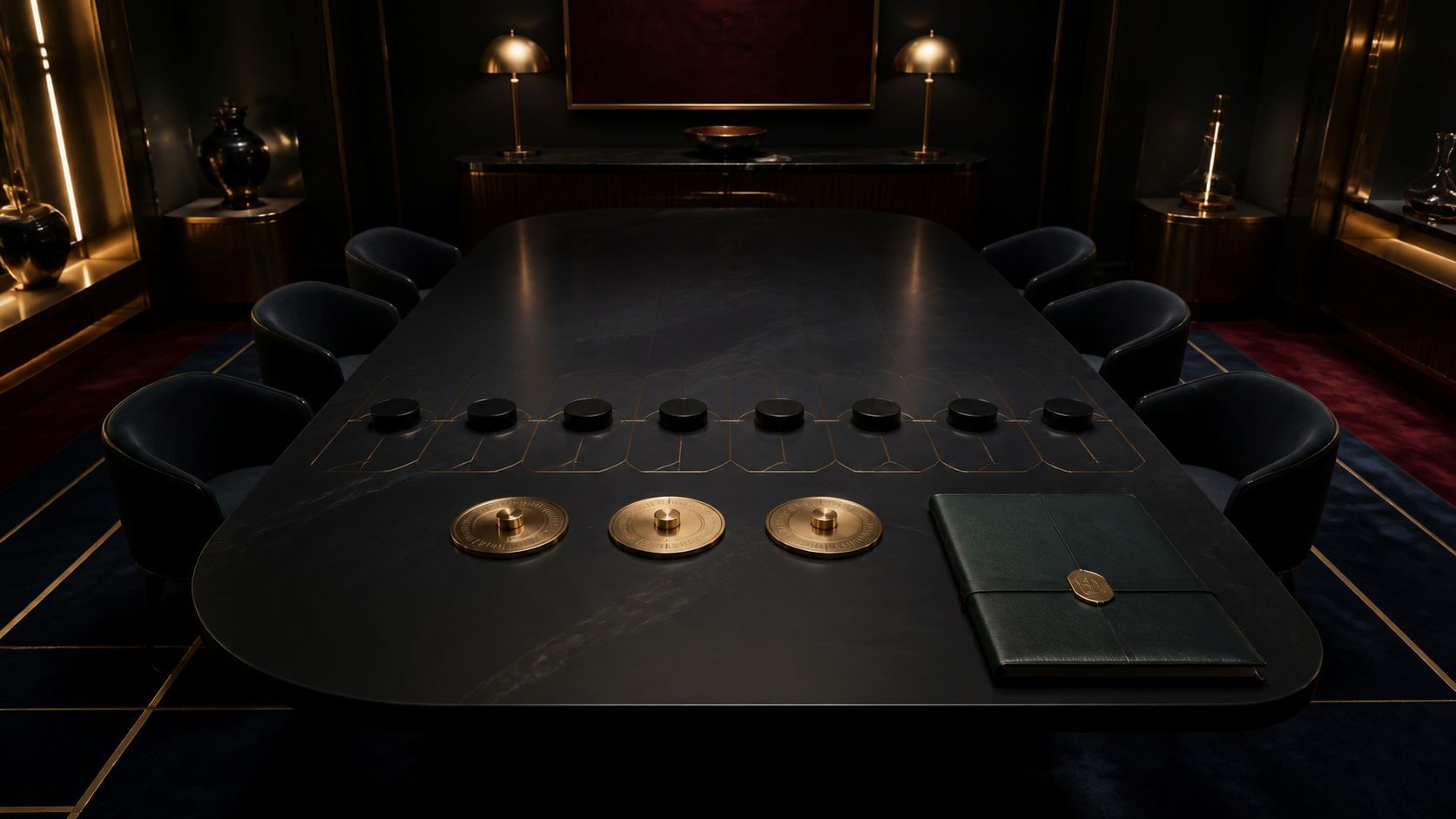 Eight black guest tokens aligned on an obsidian executive table beside three gold control discs and an emerald folio