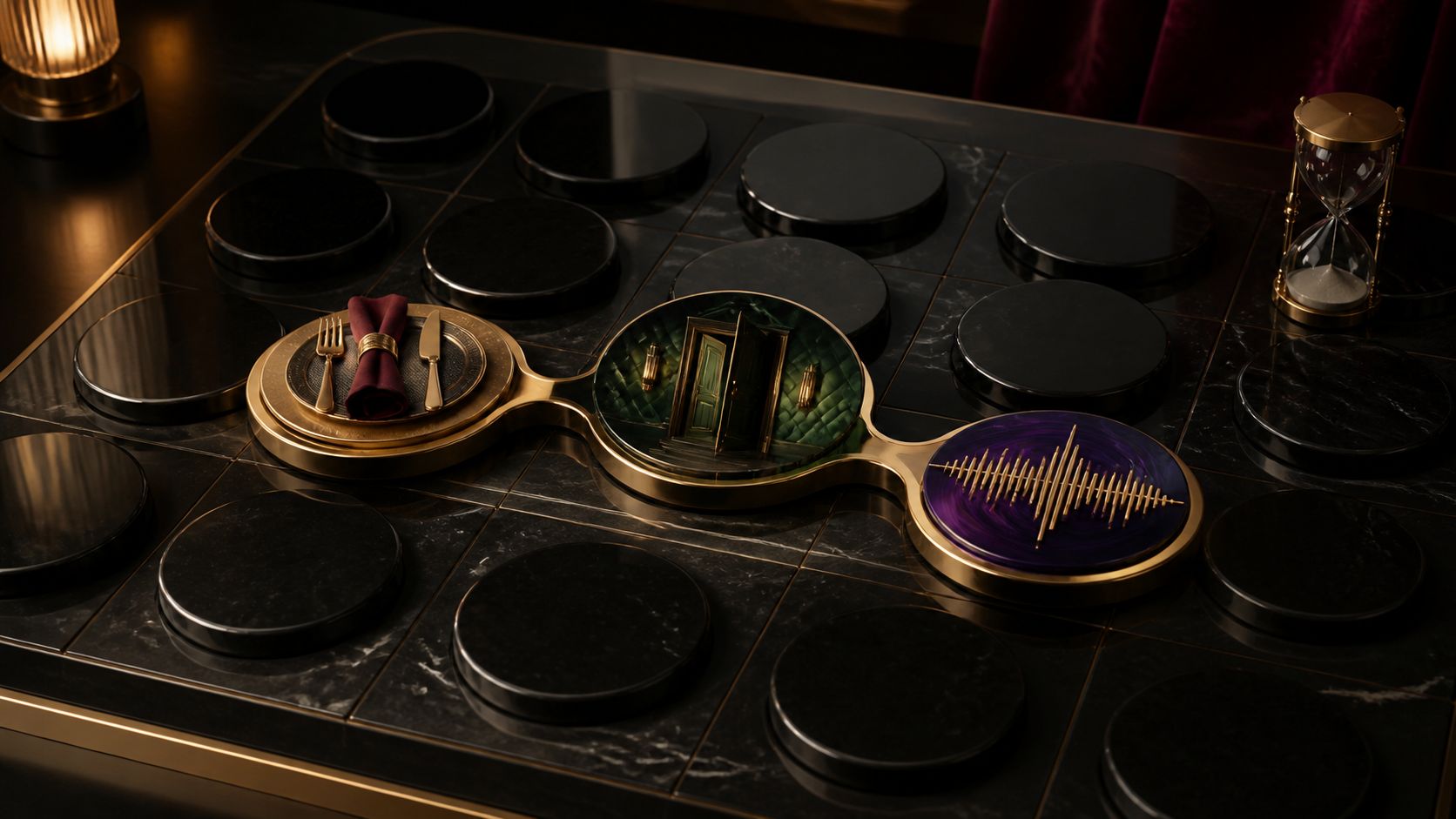 Dining, emerald doorway, and purple music-wave discs linked across a modular obsidian planning board