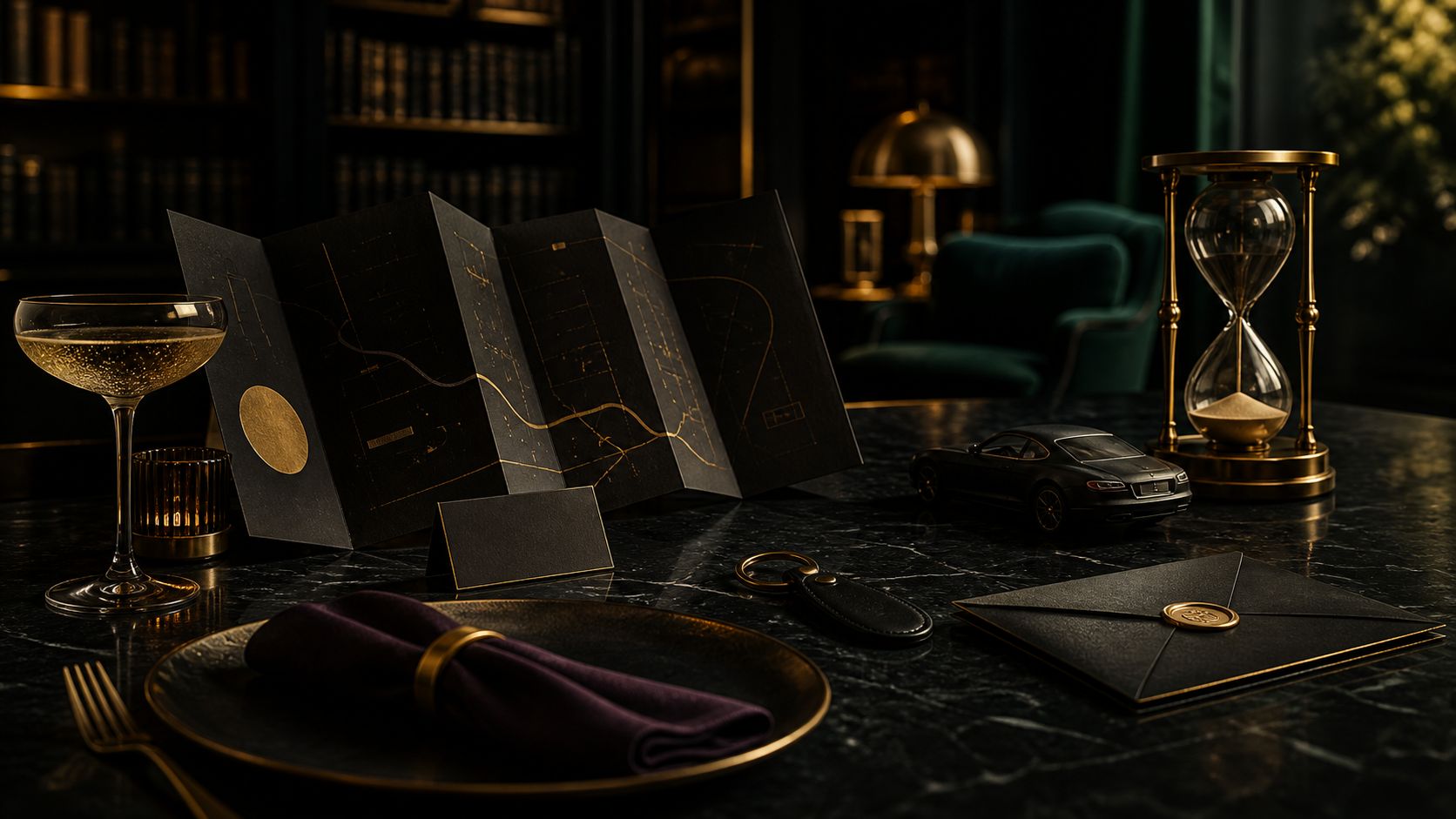 A black-and-gold weekend plan with an hourglass, vehicle model, place setting, and sealed invitation