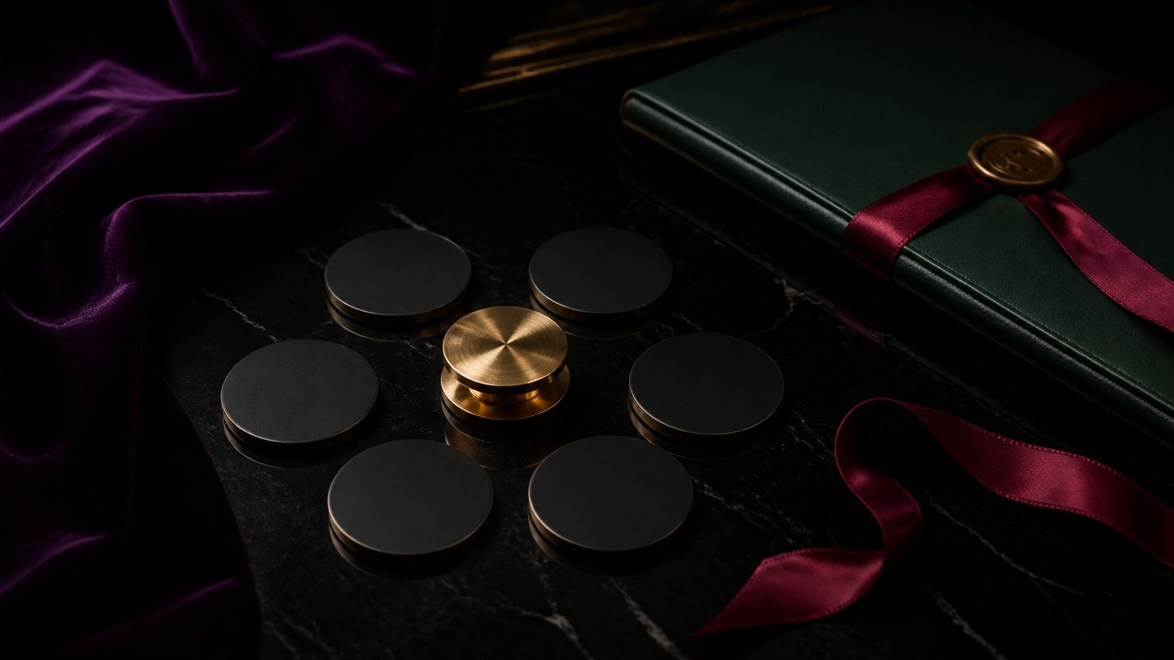 Six black tokens arranged around one raised gold token beside a sealed emerald folio