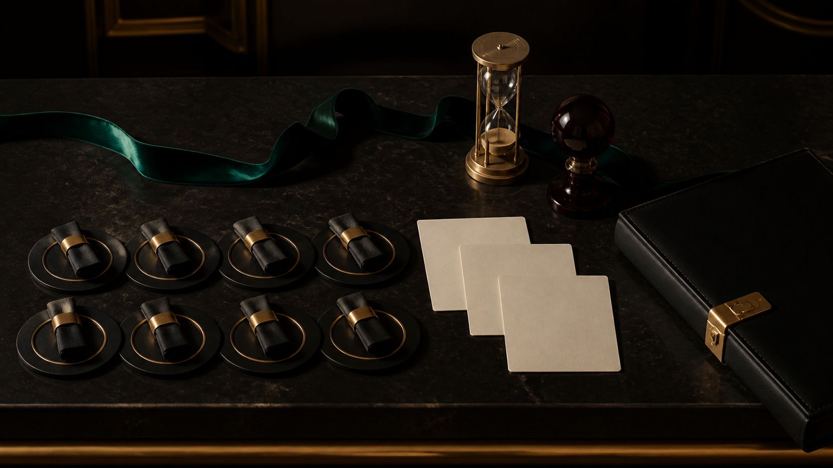 Eight black place-setting tokens beside blank preference cards, an emerald ribbon, brass hourglass, burgundy marker, and closed terms folio