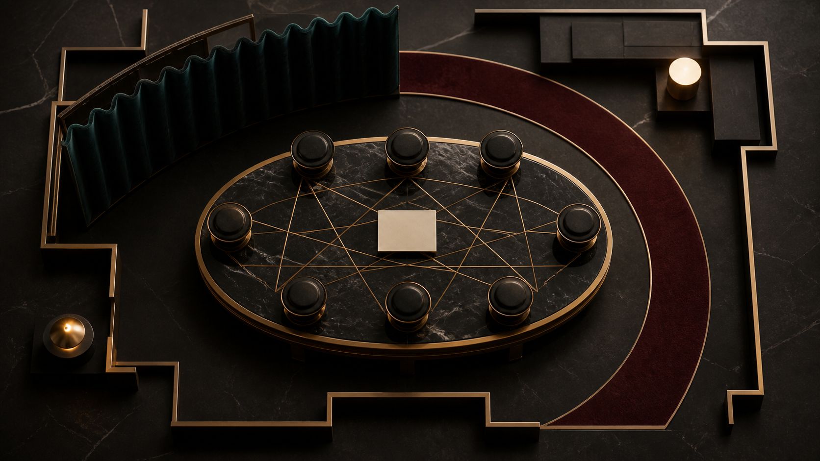 A fictional oval table model with eight black guest tokens, gold sightlines, an emerald privacy screen, and a burgundy circulation arc