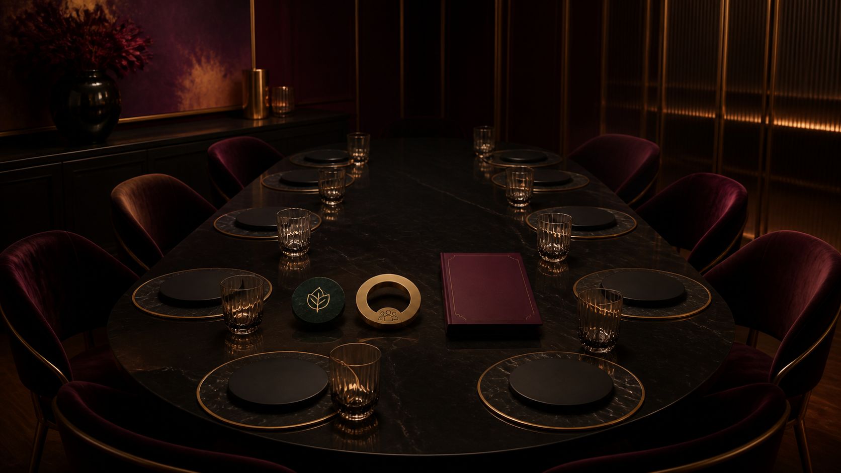 Eight black place settings around a fictional dining table with preference, final-count, and blank menu tokens