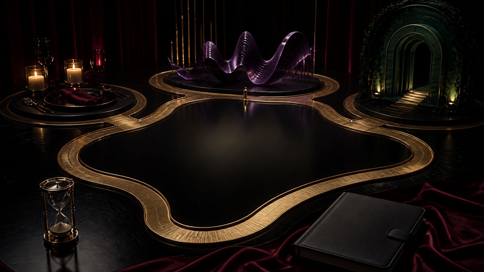 A gold route linking dining, music, and an emerald doorway around a deliberately open black space