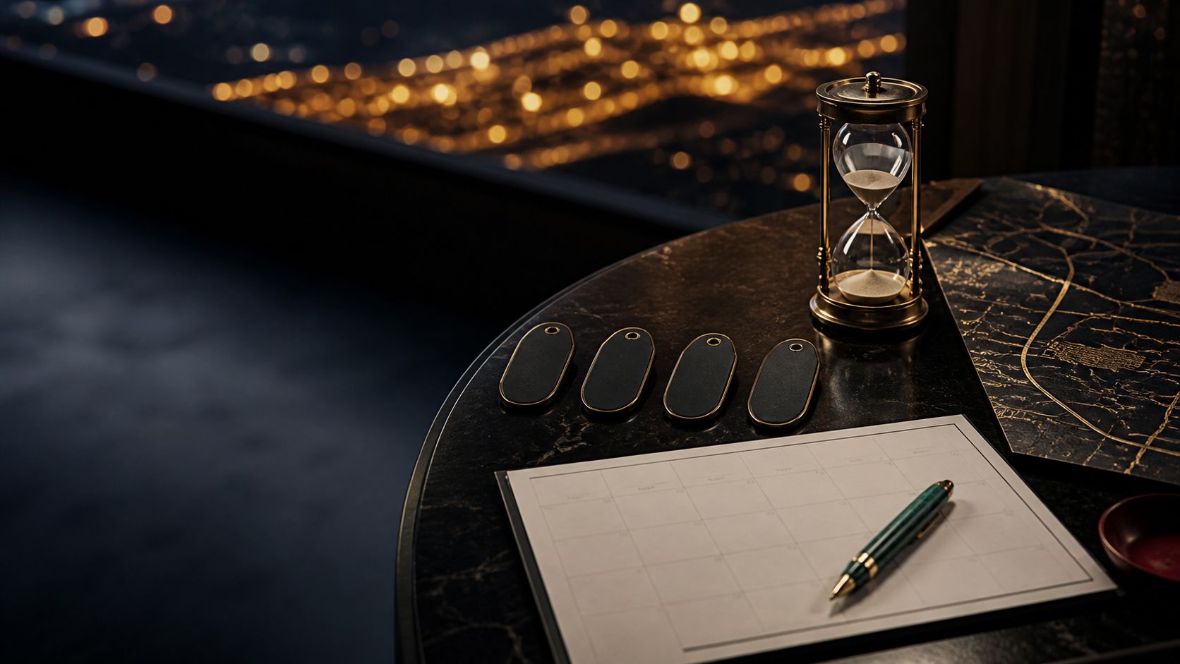 Four black room tokens beside a blank calendar, hourglass, and abstract route map