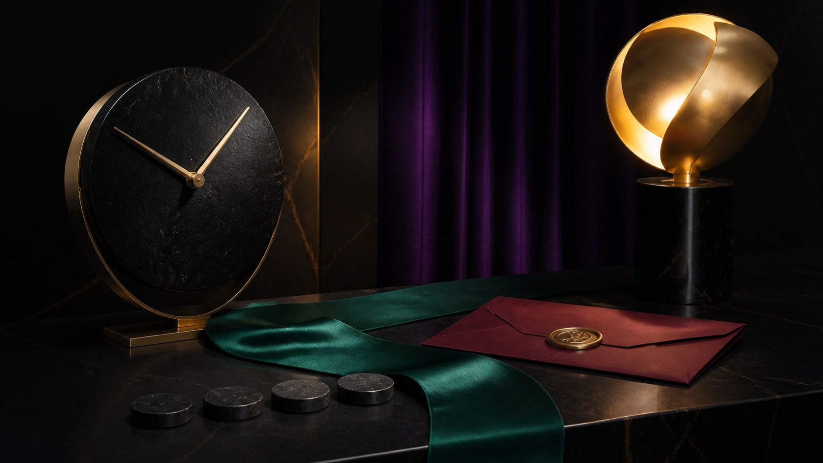An abstract black clock, four room tokens, emerald ribbon, and sealed burgundy invitation under gold light