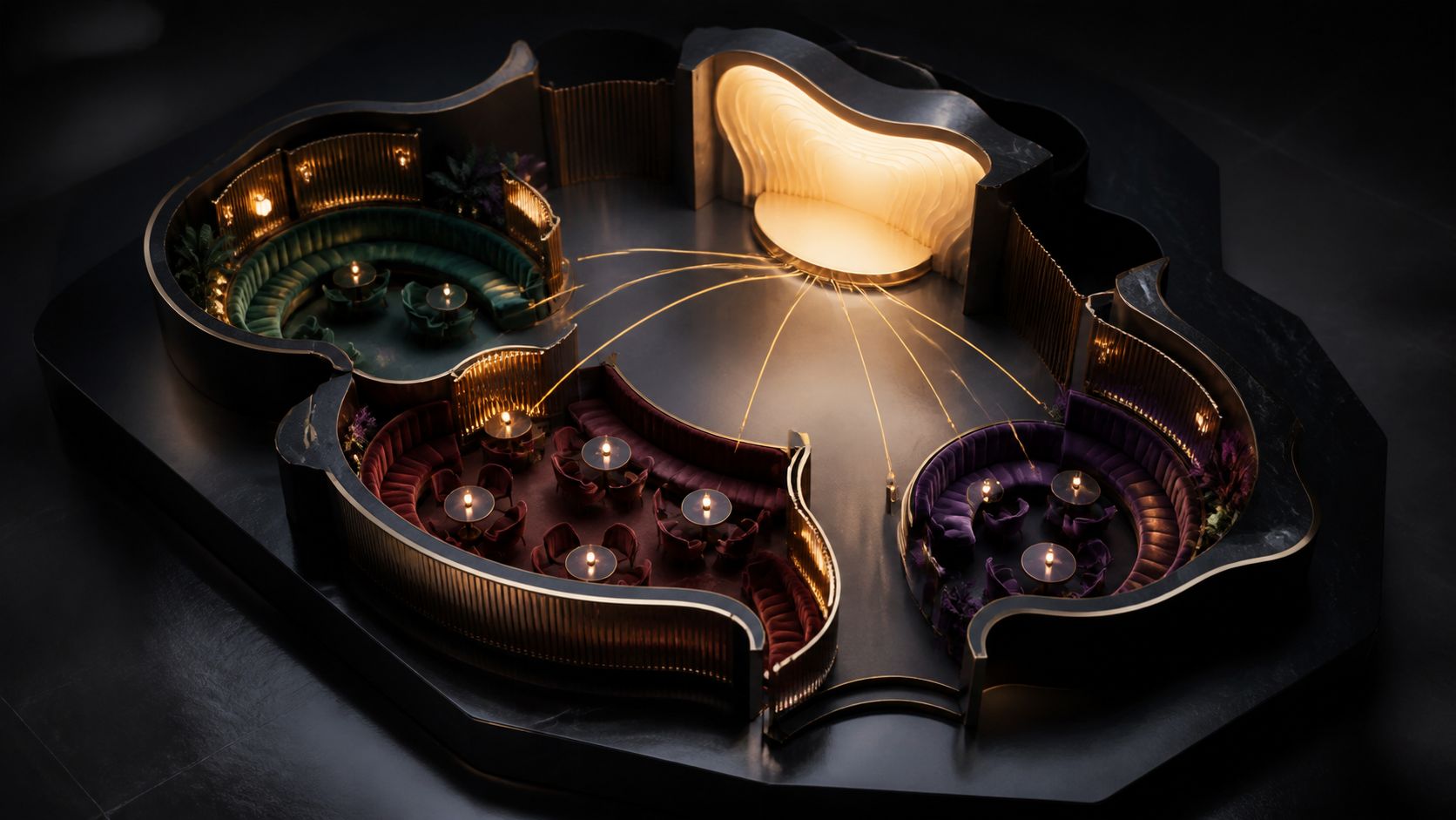A fictional miniature nightlife room with emerald, burgundy, and purple table zones connected by gold sightlines