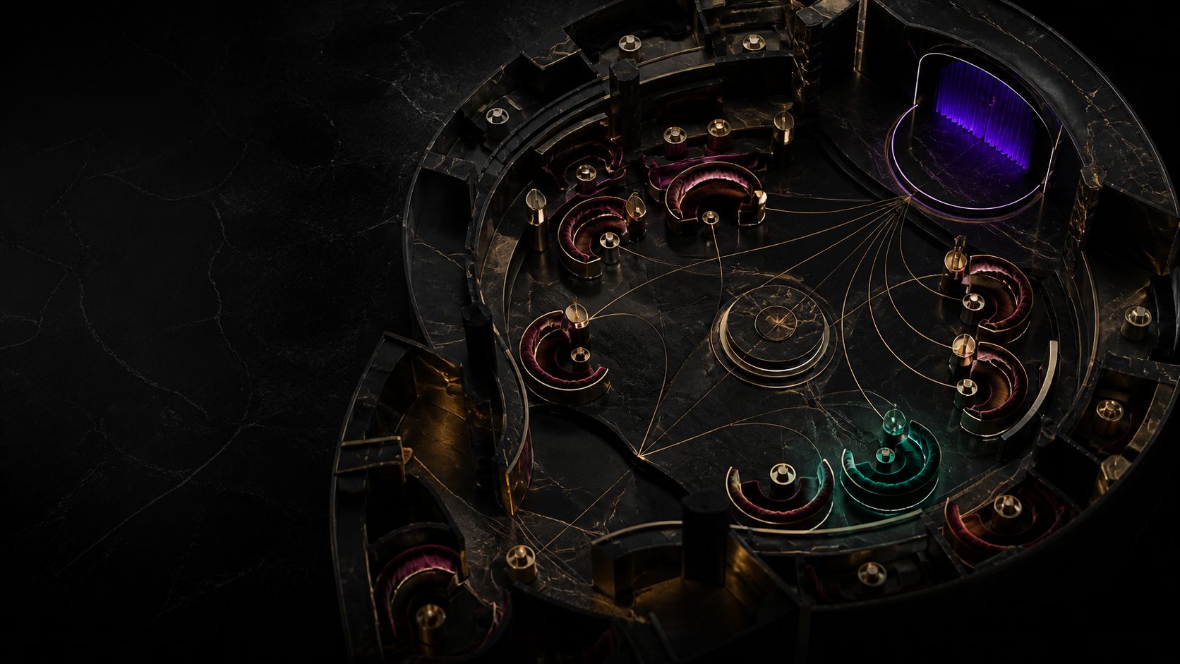 An abstract top-down model of curved nightclub tables with gold sightlines and colored zones