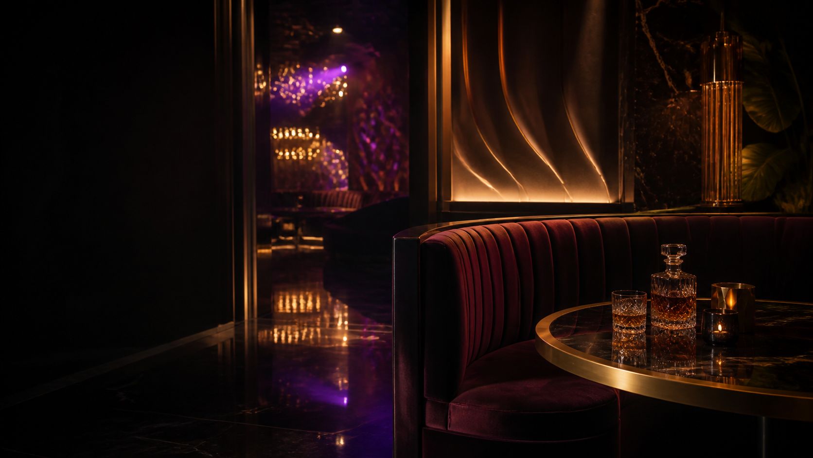 An imagined private lounge with a burgundy banquette, gold table, and purple light beyond