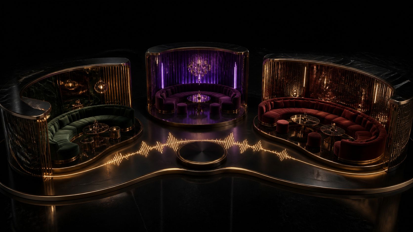 Three fictional lounge alcoves in emerald, royal purple, and burgundy linked by a gold sound wave