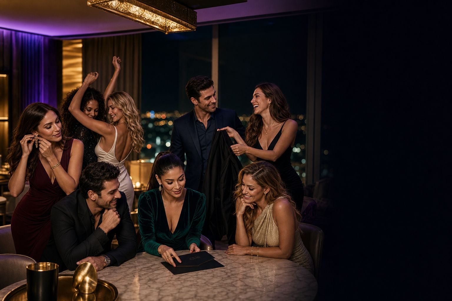 A fictional adult group preparing together for an elegant Vegas night