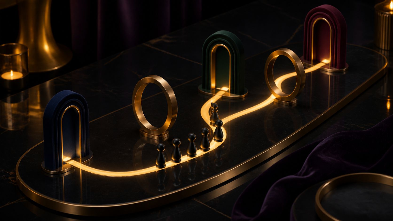 Six black group tokens moving along a gold route through navy, emerald, and burgundy doorway markers